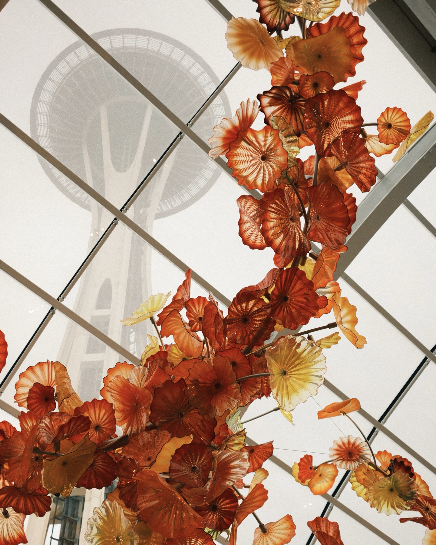Orange blown-glass sculpture against a glass ceiling, the Space Needle rising behind it